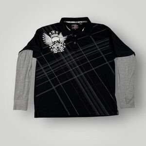 Y2K Point Zero Polo Shirt Mens XL Black Skull Graphic Plaid Layered Long Sleeve